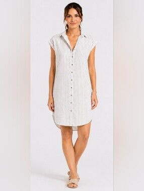 Calia Cream and Grey Striped Button-Front Dress